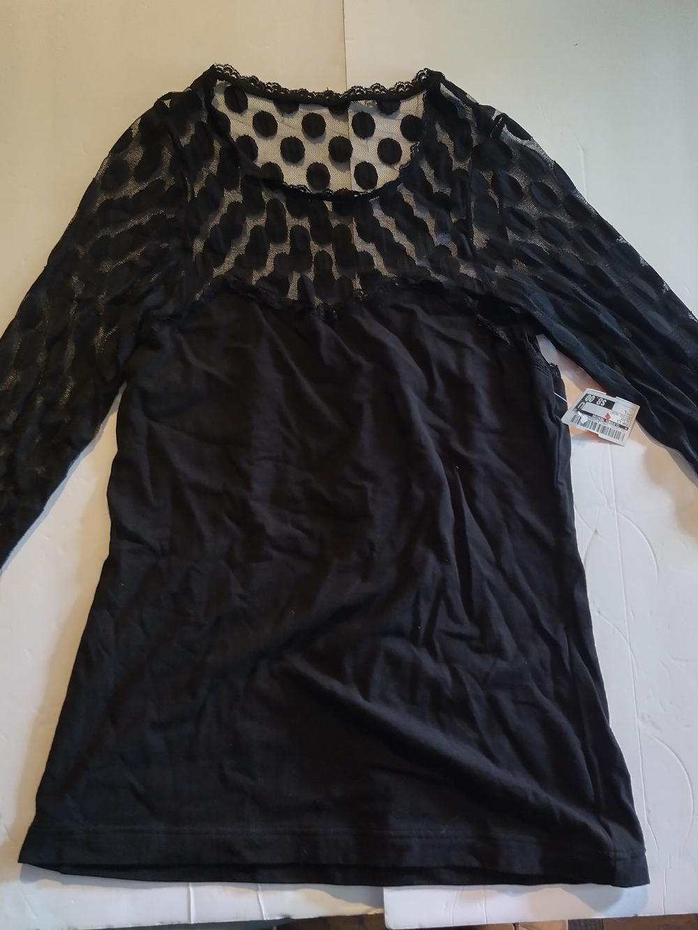 Effie's Heart 95% Pima Cotton Black Sheer Polka Dot Yoke Long Sleeve Top